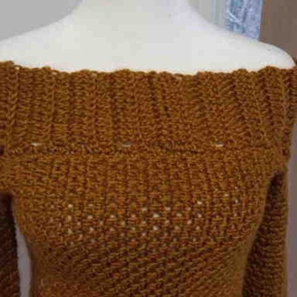 Handmade Crochet Off the Shoulder Sweater S Mustard Yellow - Picture 4 of 4